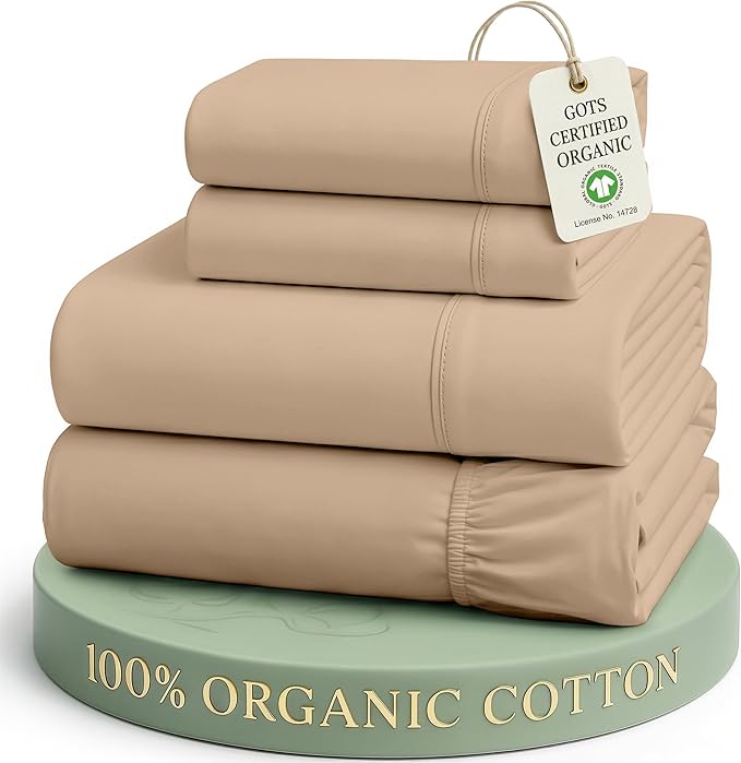 LANE LINEN 100% Organic Cotton Sheets Set Pure Long- Staple Percale Weave - Bedding for Bed Fits Mattress Upto 15" Deep Pocket (Queen Taupe)