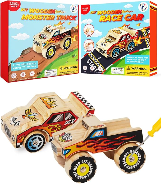 Little Jupiter DIY Wooden Kits w/Stickers - Kids Building Kit - Stem Toys for Ages 4-7 - Wood Crafts for Kids - Woodworking Kits (Monster Truck 1 & Race Car)