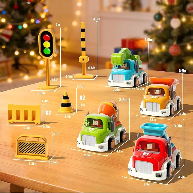 soi-meme 11-Pack Car Toys for Toddler 1-3,Push-and-Go Friction Powered Cars with Lights & Music,Truck Roadblock Toys Set,Baby Boy car Toys for 6-9-12-18 Months,for Kids Boy Birthday Gifts