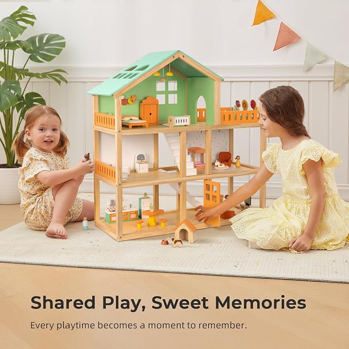 OOOK Large Wooden Dollhouse with 42 Pcs Luxurious Furniture Accessories, 3-Story Doll House 6 Rooms Balcony Wooden Stairs, Ideal Modern Doll House for 3 Year Old