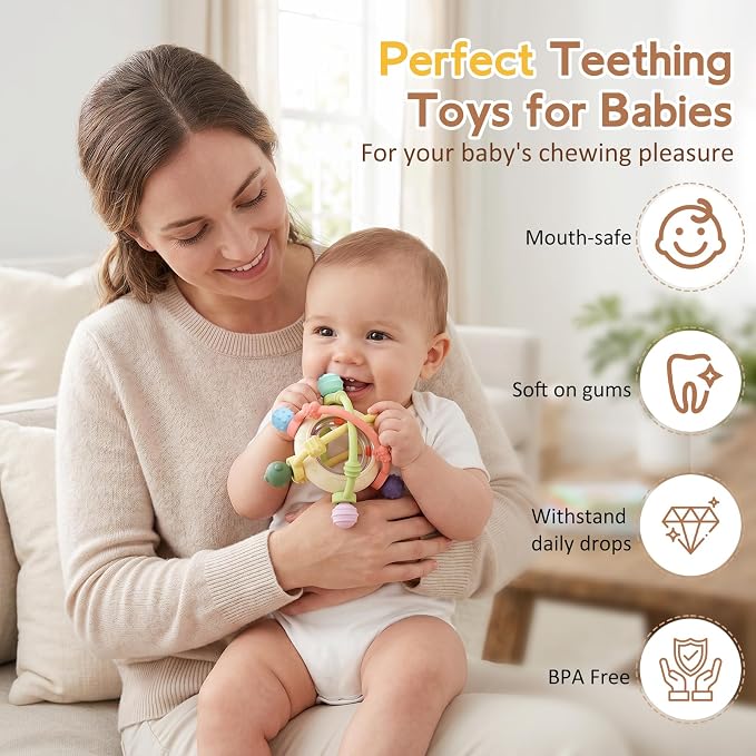 Baby Rattle Ball Sensory Toys - Silicone Baby Teether Teething Toys Over 3 Months - BPA Free Newborn Infant Toddler Toys Baby Shower Gifts