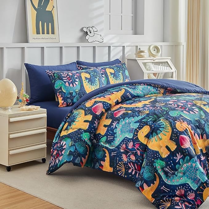 Wajade 7 Piece Dinosaur Comforter Set for Boys 3D Blue Dinosaur Print Bedding Set for Kids Teens Bed in A Bag Full Size (1 Comforter, 1 Flat Sheet, 1 Fitted Sheet, 2 Pillowcase and 2 Pillow Sham)