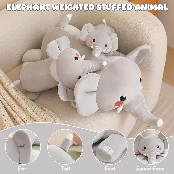 TOYSYM Weighted Stuffed Animals, 1.6 lbs Elephant Stuffed Animal with Weighted Beads, Cute Plush Toy Pillow Gifts for Adults Kids Boys Girls