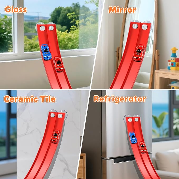 KETIEE Flex Tracks 16 Ft for Kids, Flexible Race Car Ramp Track with 2 Small Racecars and 4 Suction Cups Compatible with Diecast 1/64th Cars,Rolls Up Portable Racetrack for Ages 3 & Up