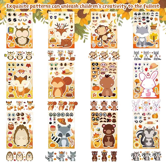 24 Sheets Fall Stickers for Kids Toddlers, Autum Animal Stickers Make-a-face Sticker Make Your Own Sticker 8 Designs of Animal Owl Squirrel Hedgehog Fox Fall Party Decorations Supplies