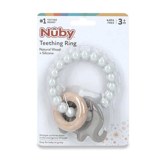 Nuby Elephant Teething Ring for Infants - Natural Wood and Silicone Baby Teethers - 3+ Months - Baby Teething Toy