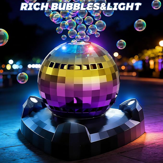 Bubble Machine, Automatic Bubble Blower Maker with 360° Rotating Turntable and LED Lights, Disco Ball Bubble Machine Summer Kids Toys for Weddings Birthdays Party Indoor Outdoor Backyard Camping