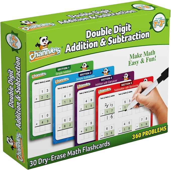 Channie’s Double Digit Addition and Subtraction Flash Cards, 30 Dry Erase Educational Math Flash Cards for Kids, Ideal for 1st to 3rd Grade, Level 2 Color-Coded Cards, 360 Two-Digit Problems