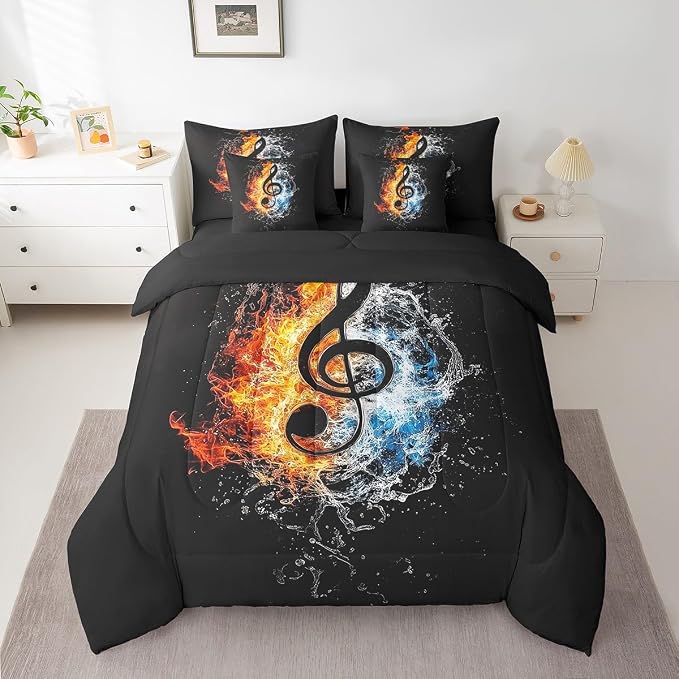Feelyou Music Comforter Set with Sheets Full Size Popstar Party Bed in a Bag for Boys Girls Teens Dark Black 7 Pieces Bedding Set Soft Lightweight Microfiber