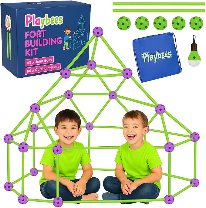 Playbees Fort Building Kit – 140 PCS STEM Toy for Kids Ages 4-12 – Build Tents, Castles & Rockets – Includes Rods, Connectors, 2 Blankets & Flashlight – Creative Building Set & Great Gift