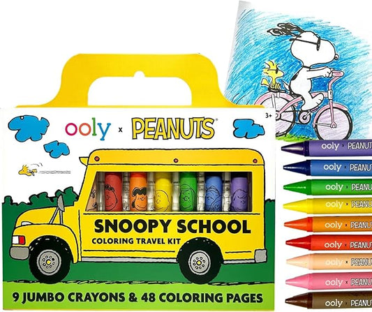 Ooly x Peanuts Travel Art Kit with 9 Jumbo Crayons & 48 Themed Coloring Pages & Case for Easy Traveling Art Creation, Perfect Airplane & Road Trip Activities for Kids