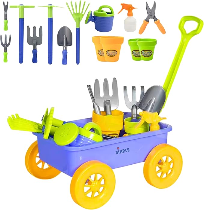 Dimple Garden Wagon & Tools Toy Set, Kids Gardening Set - 15 Pcs Outdoor Toys for Toddlers,Sand Toys - Sturdy & Durable Top Yd, Beach, Sand, Garden Play Set for Kids & Toddler Gardening Tools, Age 3+