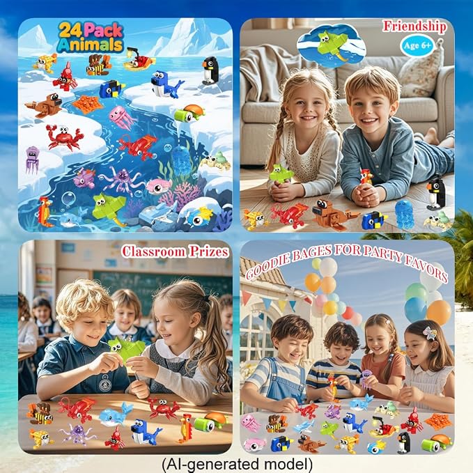 24 Pack Party Favor for Kids Building Set, Mini Ocean Animals Building Blocks Toy for Goodie Bag Stuffers, Classroom Prizes, STEM Toys for Boys,Easter Basket Stuffers, Birthday Gifts