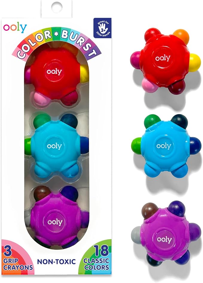 Ooly Color Burst Grip Crayon for Toddlers and Little Hands, Set of 3 Crayons with 18 Classic Colors, Non-Toxic Easy to Grip Shaped and Easy to Hold Crayons for Young Kids