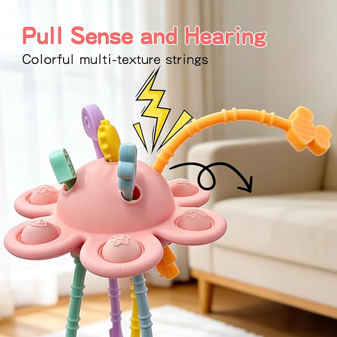 Food Grade Silicone Pull String Baby Toy, Montessori Pull String Sensory Toy (Pink)