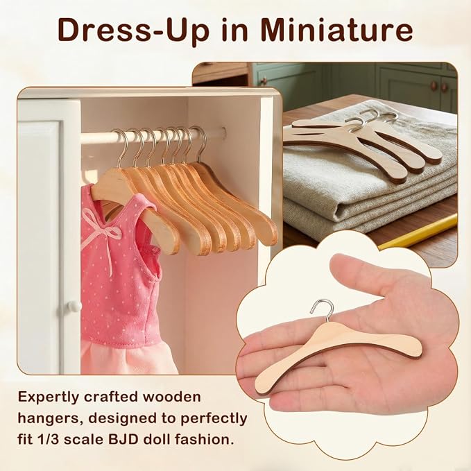 BESPORTBLE Wooden Dolls Clothes Hangers, 10pcs Mini Wooden Hangers Mini Dress Outfit Holders Dollhouse Miniature Accessories for Doll Clothes (4.68in)