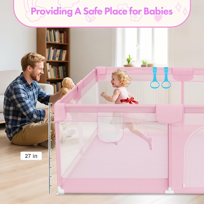 Pink Baby Playpen for Girls - 64"x64" Large Playard with Anti-Collision Soft Corners Sturdy Safety Play Yard for Babies and Toddlers Indoor Infant Activity Center with Non-Slip Suckers