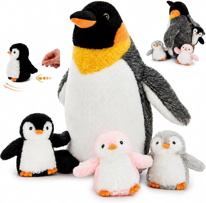 4 Pcs Penguin Plush Set, Mom Penguin Stuffed Animal with 3 Stuffed Wind Up Penguin Babies Toy in Mother Penguin's Belly, Christmas Birthday Gift for Kids Girls Boys, Animal Theme Party Decor