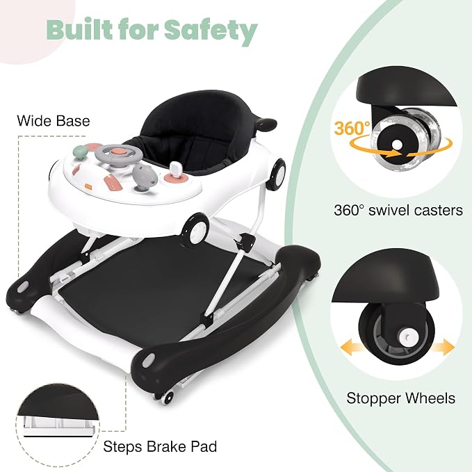 5-in-1 Convertible Baby Walker with Steering Wheel Music Activity Center – Infant Rocker, Jumper, Push Walker, Bouncer & Feeding Foldable Walker for Ages 6-18 Months Boys Girls (Black)