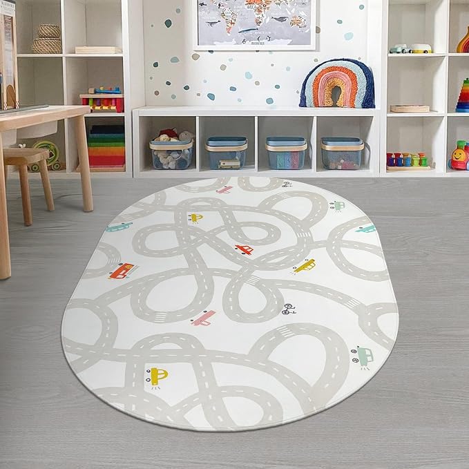 STARUIA Grey Kids Rug for Playroom, 5'x7' Washable Road Rug for Kids Bedroom, Non-Slip Car Rugs for Nursery, Large Traffic Play Mat Utral Soft Baby Carpet for Boys Girls Dorm Toy Room Tent