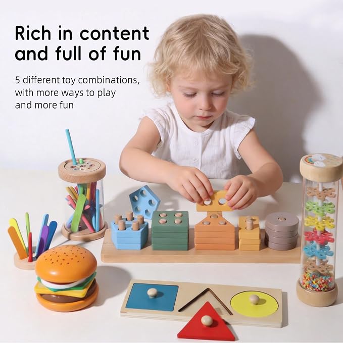 BESTAMTOY 5 in 1 Wooden Educational Learning Toy Set, Montessori Toys for 1 2 3 Year Old,Baby Rain Stick Sensory Fine Motor Skills Toys, Shape Sorter Stacking Puzzle Gifts for Toddlers Boys Girls