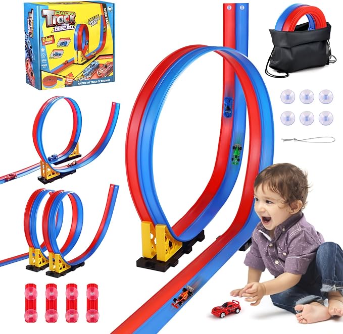 Flexible Race Car Track for Kids: 15 Ft DIY Bendable Ramp Set with Suction Cups for Wall & Window Play - Portable Roll-Up Toy Tracks, Compatible with 1:64 Diecast Cars, Gifts for Boys Girls Ages 3-8