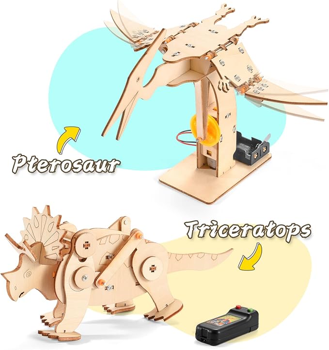 Dinosaur STEM Kits for Kids Ages 8-10-12, 4 in 1 Wood Building Toys for Boys Age 8-12, Build It Yourself Woodworking Kit, DIY 3D Wooden Puzzles Model Science Crafts for Kids, Stem Projects