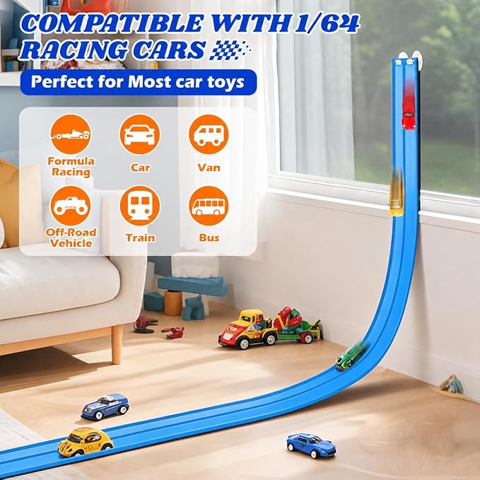 Flexible Race Track Toys for Kids: 15 Ft Flex Race Car Ramp Track with Suction Cups - Rolls Up Portable DIY Racetrack Compatible with Diecast 1/64th Cars Model - Birthday Gifts for Boys Girls Ages 3+