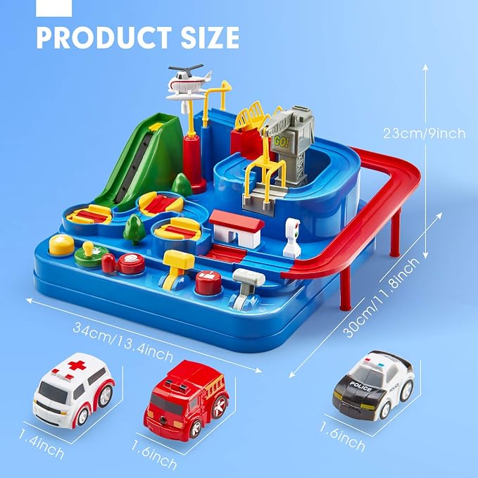 hahaland Toys for 3 Year Old Boys - Large Car Race Track for Toddlers 3-5, City Rescue Toy, Fine Motor Skill, STEM, Montessori Toys for 3 Year Old Girl Boy Gift, Emergency Vehicle Boy Toys Playset