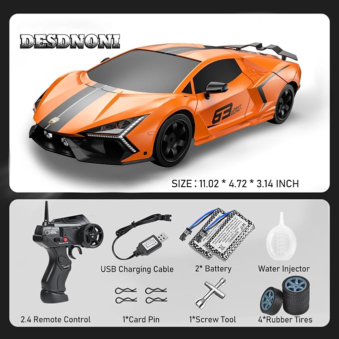 Remote Control Car RC Drift Car 1:16 Scale 4WD 18KM/H High Speed Model Vehicle 2.4GHz with LED Lights Spray Rubber Tire Racing Sport Toy for Adults Boys Girls Kids Gift 2Pcs Rechargeable Batteries