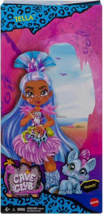 Mattel Cave Club Tella Doll (8 10-inch, Blue Hair) Poseable Prehistoric Fashion Doll with Dinosaur Pet and Accessories, Gift for 4 Year Olds and Up