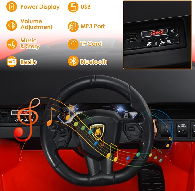 OLAKIDS Kids 12V Licensed Lamborghini SIAN Ride On Car, Electric Vehicle for Toddler with Control Remote, Battery Powered Toy with Music, Horn, 2 Speeds, Suspension, LED Lights, Bluetooth, USB (Red)