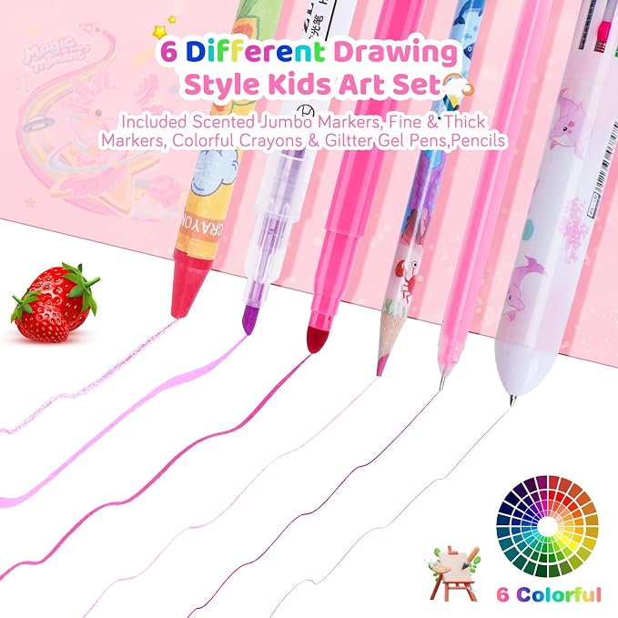 MAIGOZON Axolotl Gifts for Girls - 72 PCS Scented Markers Art Set for Kids Ages 4-8, Coloring Kit with Glitter Case, Mermaid Coloring Book & Quick-Dry Gel Pens, Birthday Christmas Gift