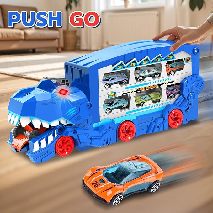 Dinosaur Transport Car Race Track Toy Set for Kids - Monster Carrier Truck Toys for Age 3 4 5 6 7 8 9 10 11 12 Years Old Boy Christmas Birthday Gifts with Die-Cast Metal Toy Cars, Light & Sound