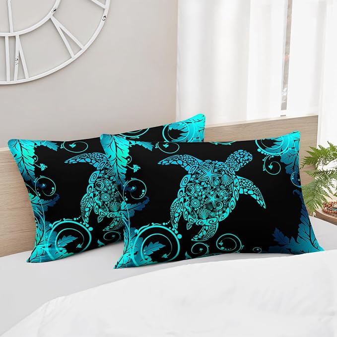AILONEN Sea Turtle Comforter Set King Size, Black Blue Turtle Bedding with 2 Pillowcases, 3 Piece Soft Microfiber All Season, Ocean Beach Room Decor