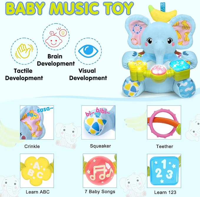 Ryotagift Baby Bilingual Musical Elephant Stuffed Animals Toys, Infant Early Learning Toy with Light-Up Music & Crinkle, Tummy Time Toys for 0 3 6 9 12+ Months for Baby Boy Girl Gift, Blue