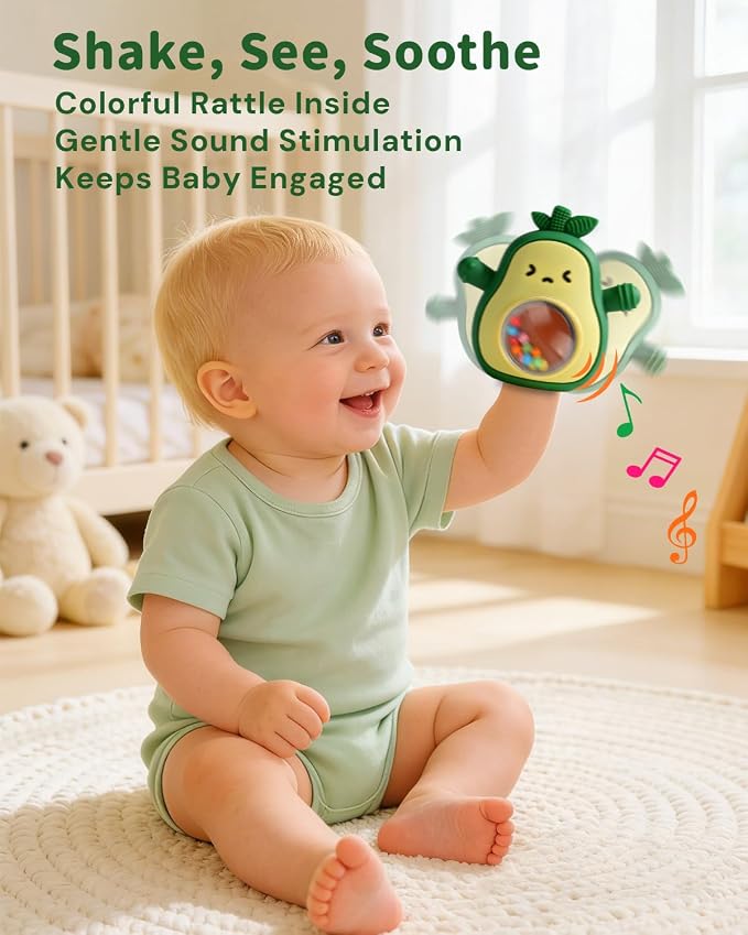 Baby Teething Toys, Easy Hold Stay-On Silicone Hand Mitten Teether with Rattle, Sensory Teething Relief for 3–6 and 6–12 Month Babies