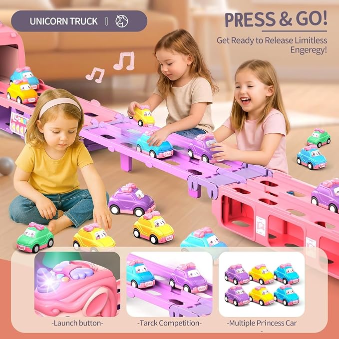 Girls Toy Cars Set Unicorn Toys Truck - 8 Princess Cars Set & 2-Player Fold Out Track with Light & Sound - Monster Catapult Race Tracks Best Birthday Gifts for Age 3 Year Old Toddler Kids 3-5