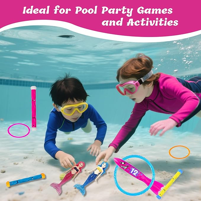 30 Pcs Diving Pool Toys for Kids Ages 3-12 - Little Mermaid Toys for Girls, Dive Sticks, Treasure Chest, Pink Shark Torped & Gems with Storage Bag, Summer Swim Water Toys for Pool Games, Bath & Party