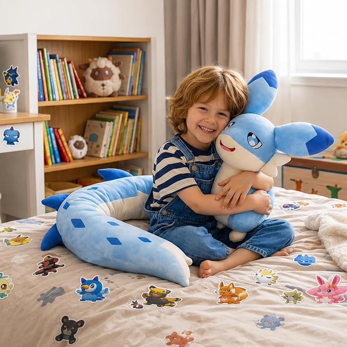 56-PCS Chillet Plush Toy Set | 1 Blue Chillet Plush + 55 Palw0rid Themed Stickers | 47 Inch Ultra Soft Dragon Stuffed Creature Figure | Cute Dino Stuffed Animal Pillow | Ideal Gift for Game Enthusiast