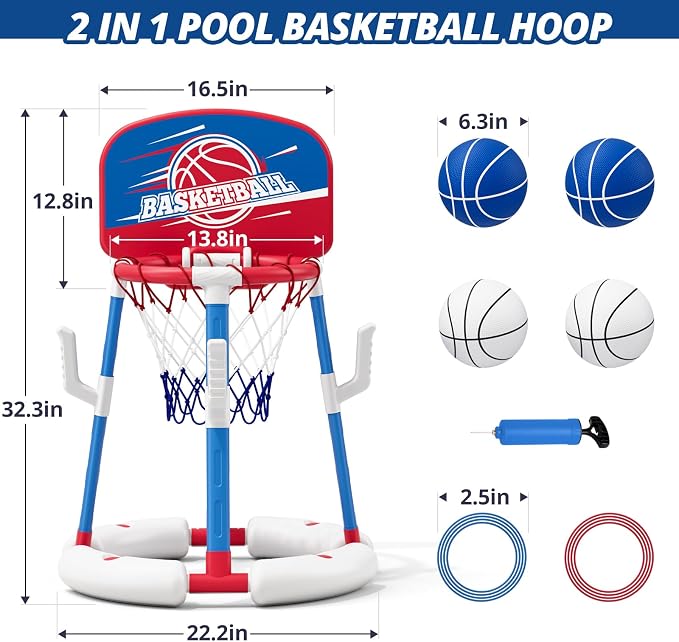 HYES 2 in 1 Pool Basketball Hoop with Ring Toss, Floating Pool Toys - Anti-Tip Stable Base - with 4 Balls/8 Rings/Pump - Summer Water Basketball Games Indoor Outdoor Gifts for Kids 4-8 & Adults, Red