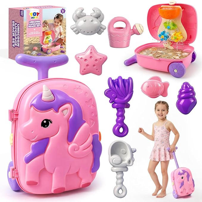 TOY Life Unicorn Suitcase Travel Sand Toy for Kids Beach Toy with Luggage with Wheels, Water Gear STEM Play Water Table, Shovels, Can, Sand Molds, Sandbox Beach Summer Toys for Toddlers Ages 3-8