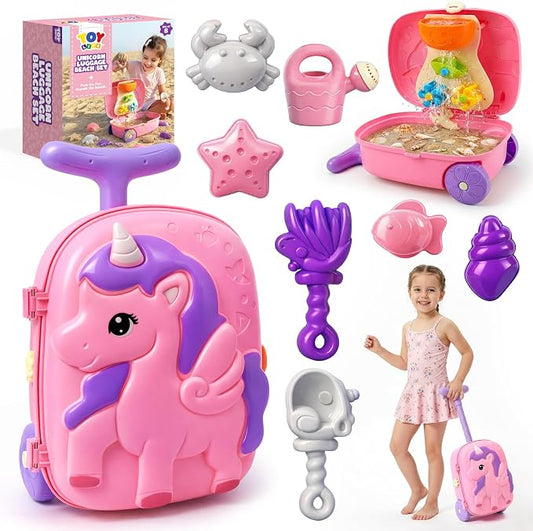 TOY Life Unicorn Suitcase Travel Sand Toy for Kids Beach Toy with Luggage with Wheels, Water Gear STEM Play Water Table, Shovels, Can, Sand Molds, Sandbox Beach Summer Toys for Toddlers Ages 3-8