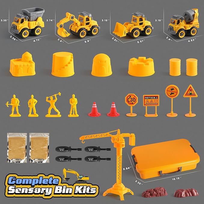 OENUX Play Sand Construction Set, Beach Building Castle Kit w/ 2.2lbs Play Sand, 4 Take Apart Construction Trucks Toys and Signs, Sensory Sandbox with Cover for Boy Girl Kid Toddlers Age 3-8