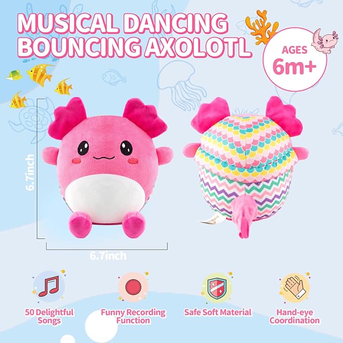 Baby Toys for 1 Year Old Girl Gifts, Pink Dancing Crawling Axolotl Interactive Baby Toy for 6-12-18 months, Rechargeable Musical Plush Toy with 50 Songs, Voice Recorder, Baby Girl Toddler Toys Age 1-3