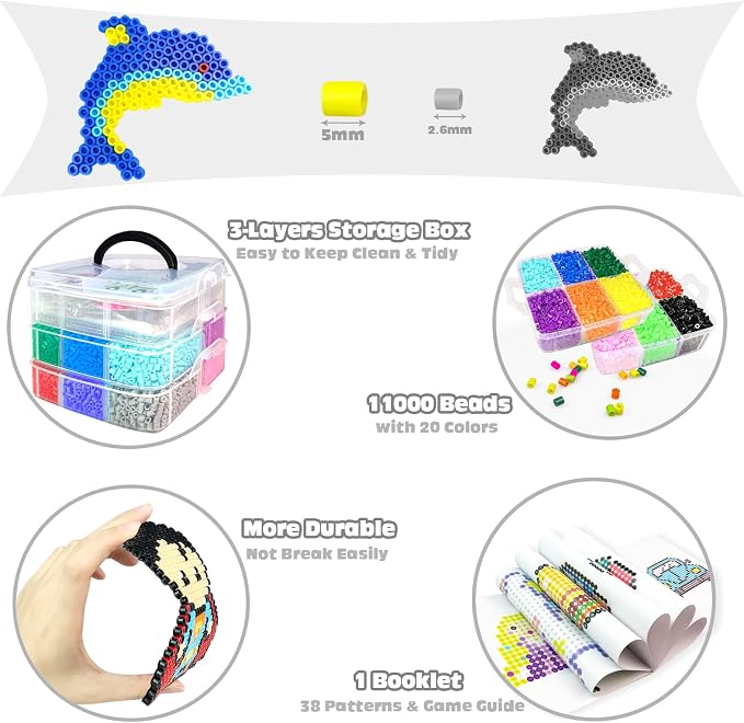 Fuse Beads Kit for Kids - 11000 Fuse Beads, 20 Colors 5mm Bead Craft Kits with Storage Box, Pegboards, and Accessories, Arts and Crafts Set for Girls & Boys, DIY Creative Birthday Christmas Gifts
