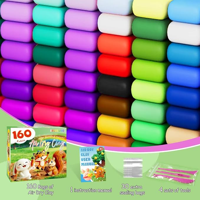 MuseLuxe Air Dry Clay - 160 Pack Modeling Clay Kit with 3 Sculpting Tools,Safe & Non-Toxic,DIY Magic Toys Gifts for Boys,Girls,Kids