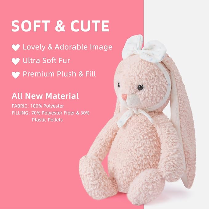 Bunny Stuffed Animal Soft Rabbit Cuddly Toy 10'' Long - Eared Plush Bunny with White Bow Headband Plush Toys for Babies and Toddlers