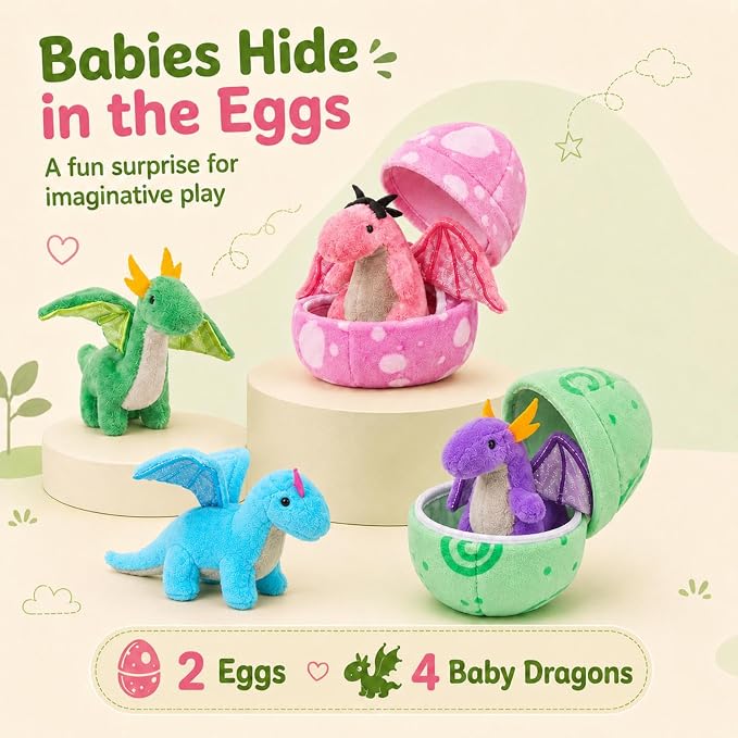 7Pcs Giant Green Dragon Plush Toy Set, 21.7" Big Mother Dragon Stuffed Animal with 4 Babies & 2 Eggs, Stuffed Dinosaurs for Kids Boys Girls, Cute Soft Plushies Gift for Birthday Christmas