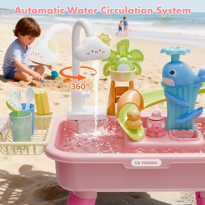 Sand and Water Table Toy for Toddlers, 22 Piece Toy Accessories, 4L Large Capacity Basin, Fishing Game/Kitchen Sink Toys, Perfect Summer Gift for Kids Ages 3-8 (Pink)